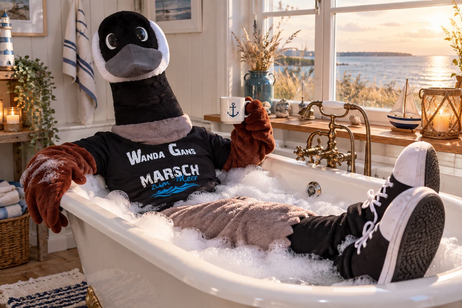 Wanda Gans entspannt in einer Badewanne voller Schaum