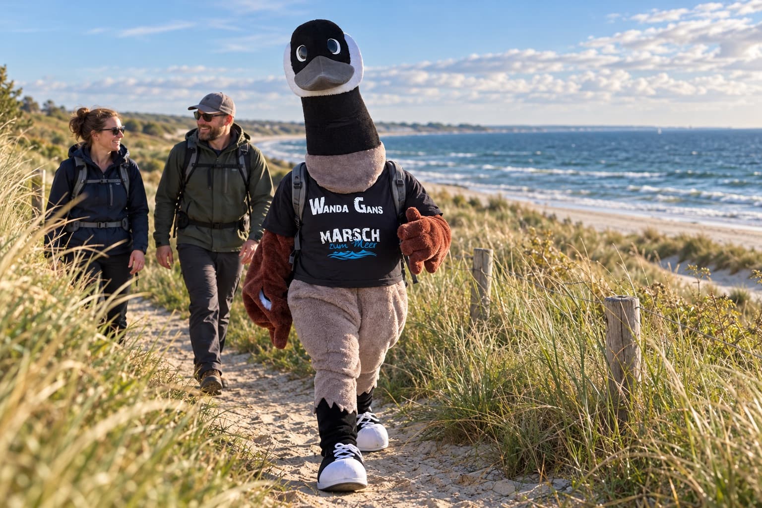 Wanda Gans wandert mit zwei Menschen durch die Dünen