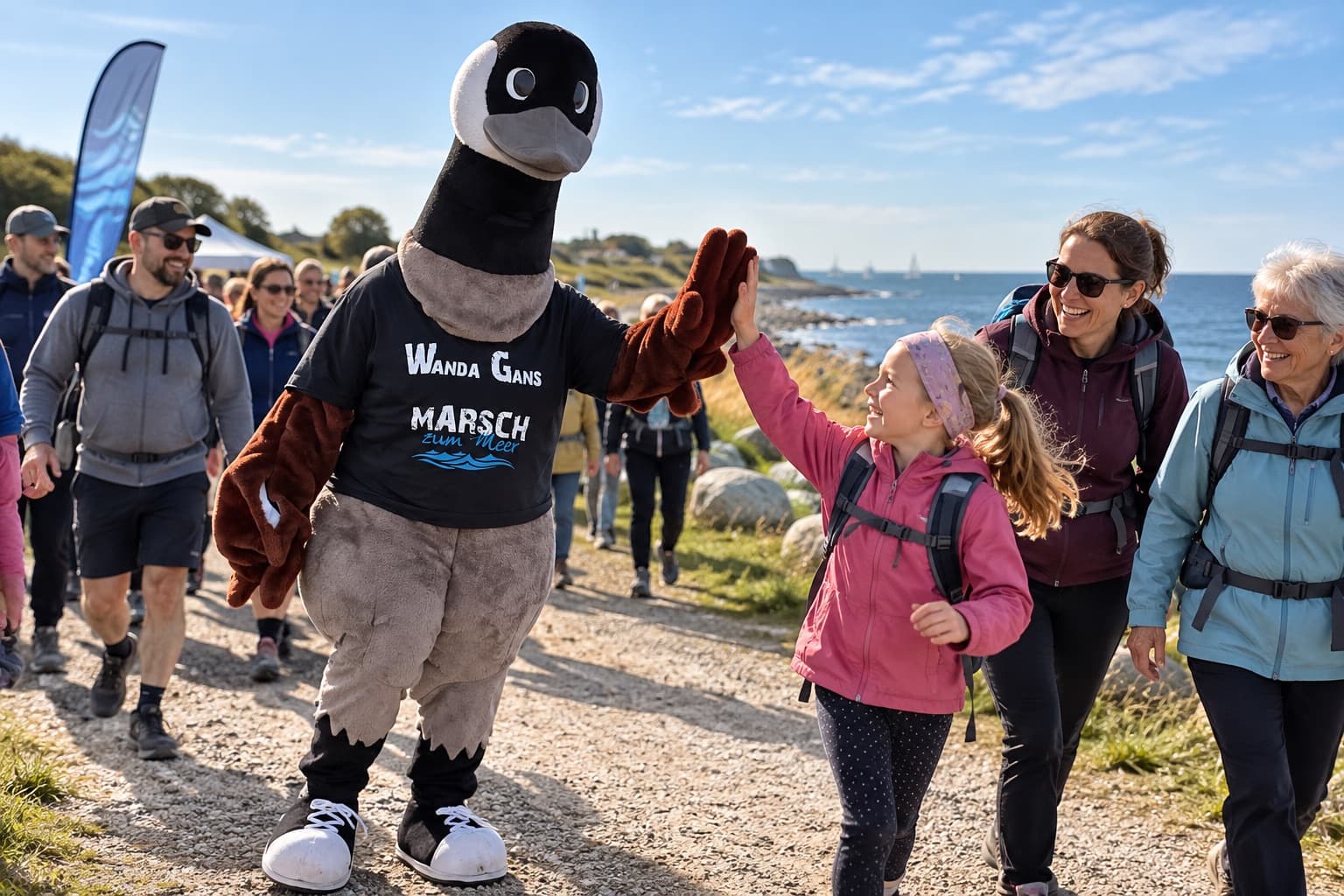 Wanda Gans klatscht mit einem Mädchen ab, dahinter eine Wandergruppe